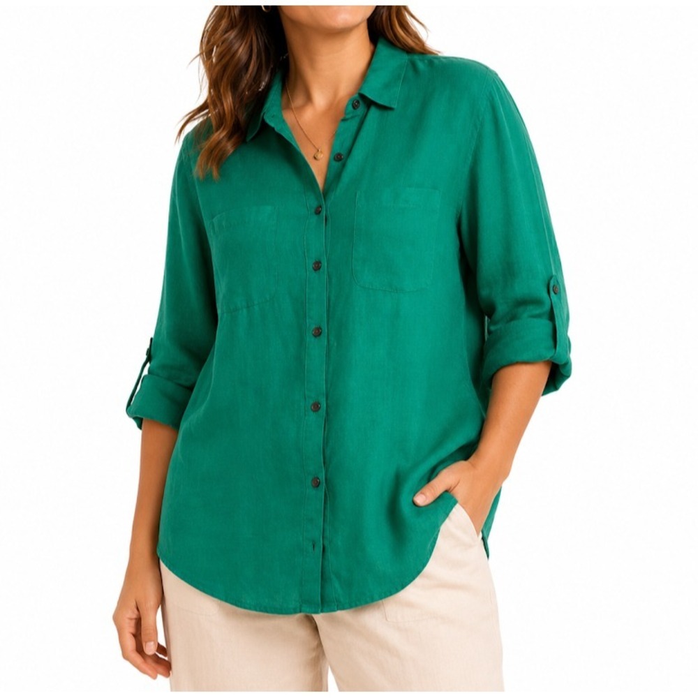 Linen Charter Club Luxury Shirt Women Large Green 100% Linen  Button Up Roll Tab